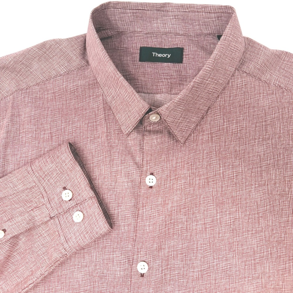 Theory Mens Large Burgundy Micro Grid Long Sleeve Button Down Shirt